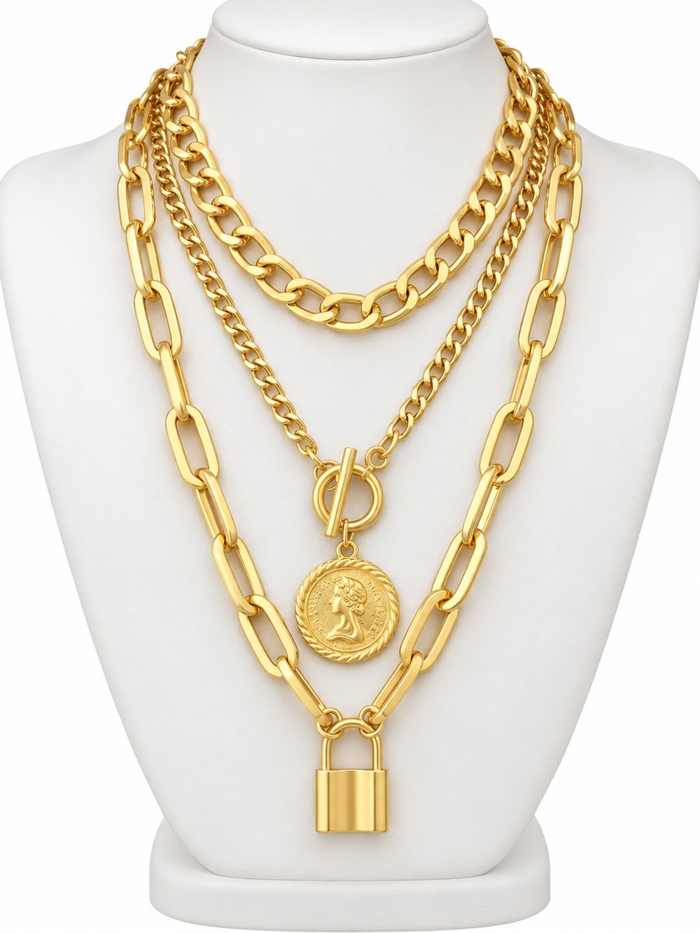 Layered Gold Coin & Padlock Necklace - Women Jewelry